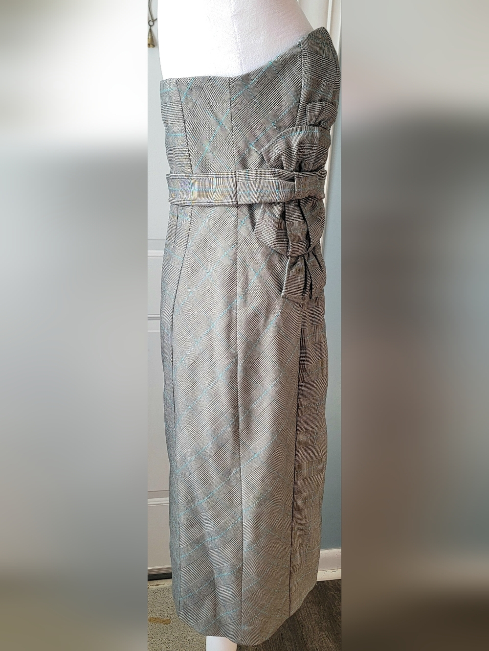 Anthropologie Floreat Doubly Adorned Plaid Strapless Midi Dress Womens 4 Grey Bl - Picture 5 of 14